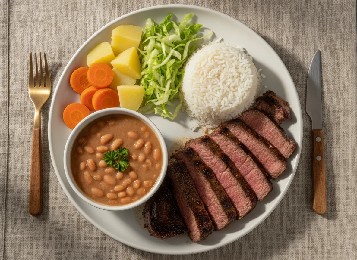 Maminha assada e cenoura e batata cozida com arroz e feijão photo