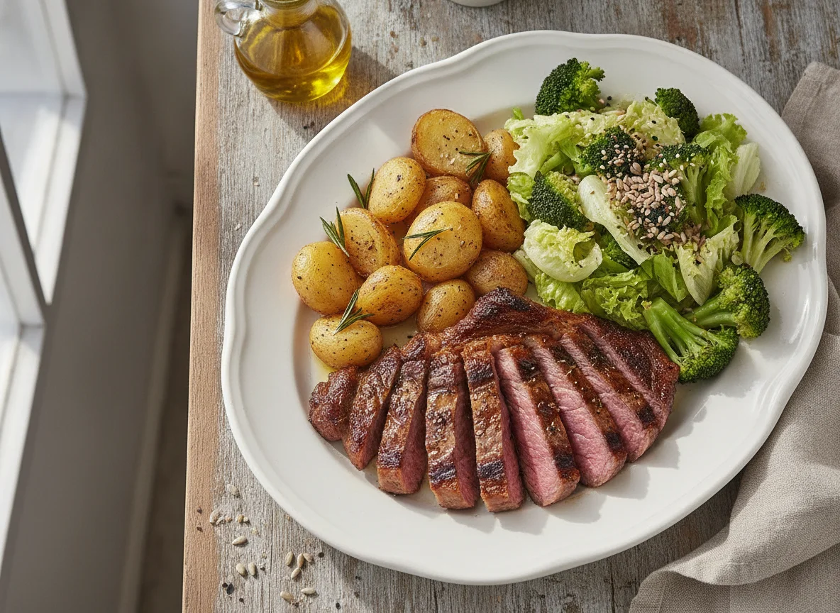 Maminha grelhada com batatas assadas e salada photo