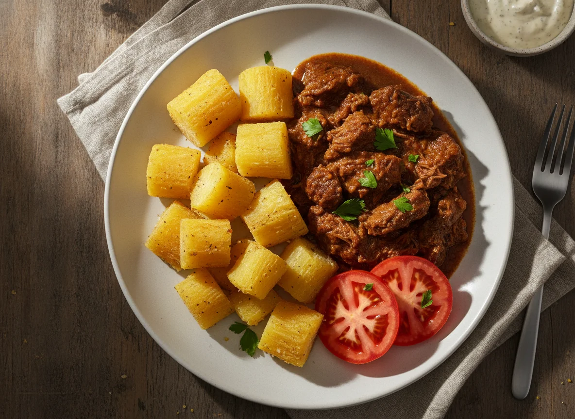 Mandioca com carne de panela e tomate photo