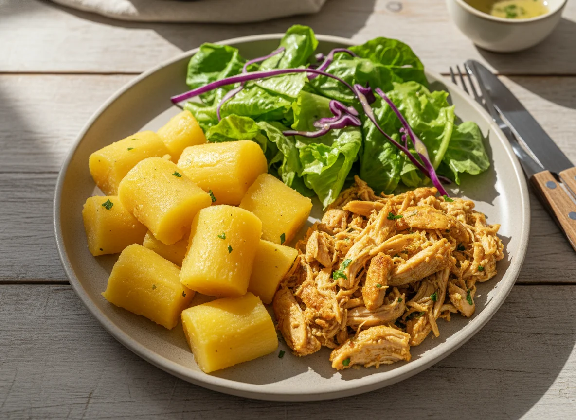 Mandioca com frango desfiado e salada photo