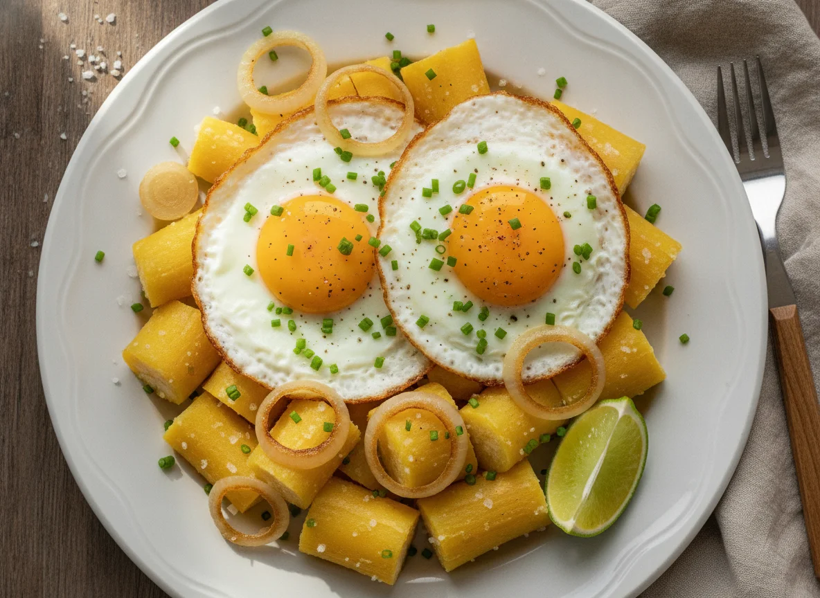 Mandioca com ovos fritos e cebola photo