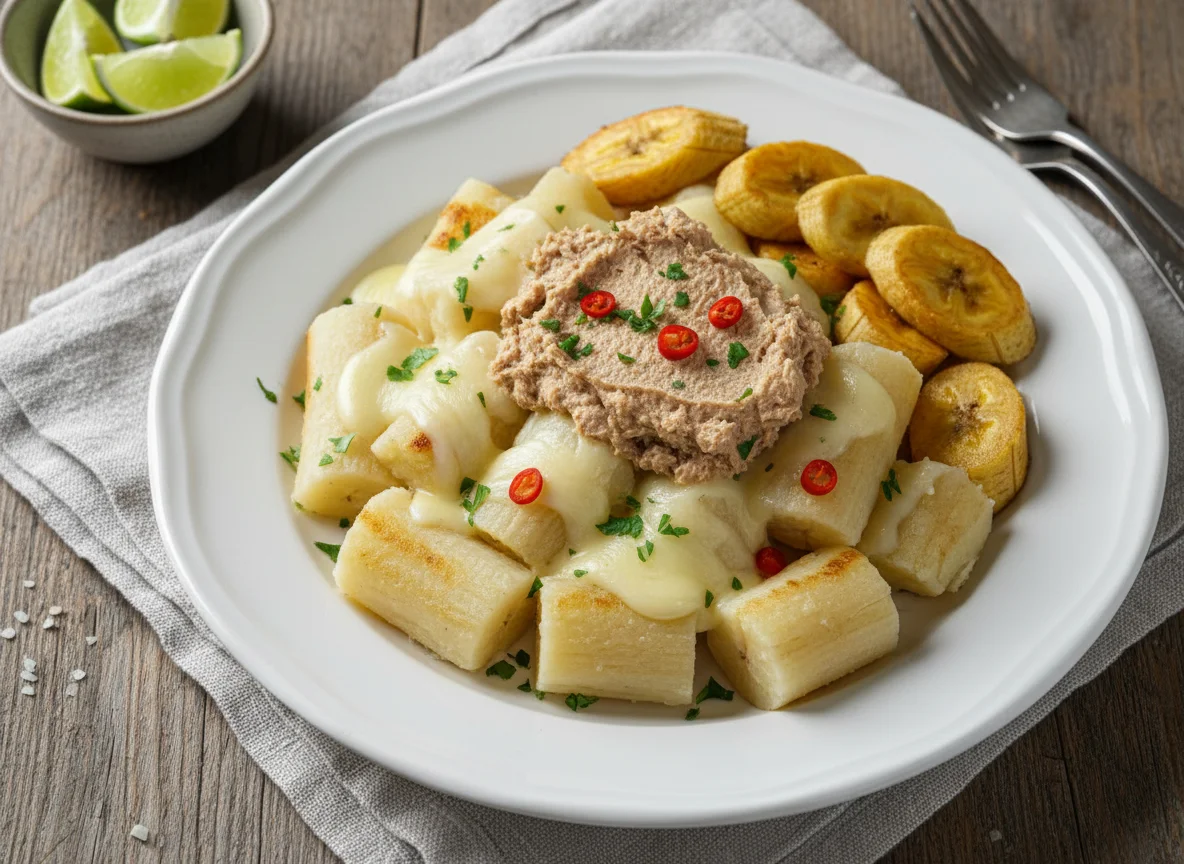 Mandioca com patê de atum, banana da terra e queijo photo