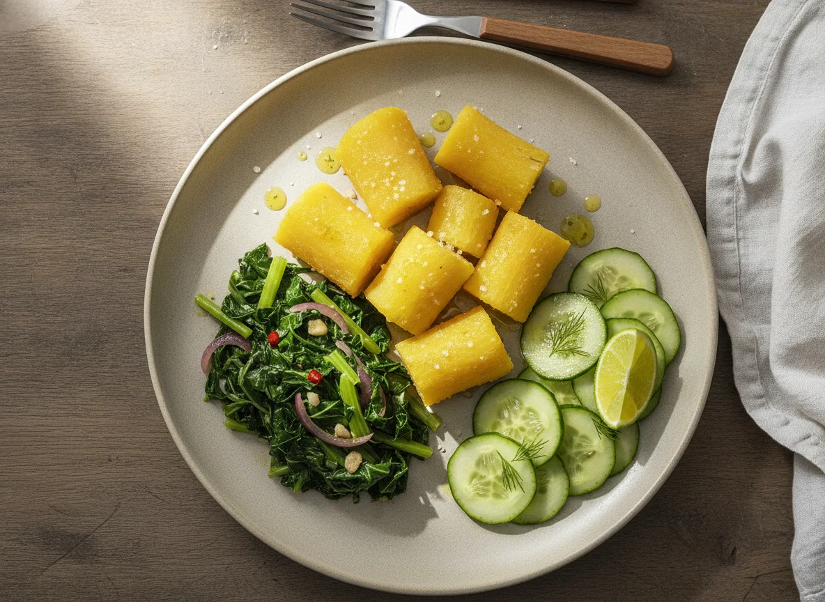 Mandioca, couve refogada e salada de pepino photo