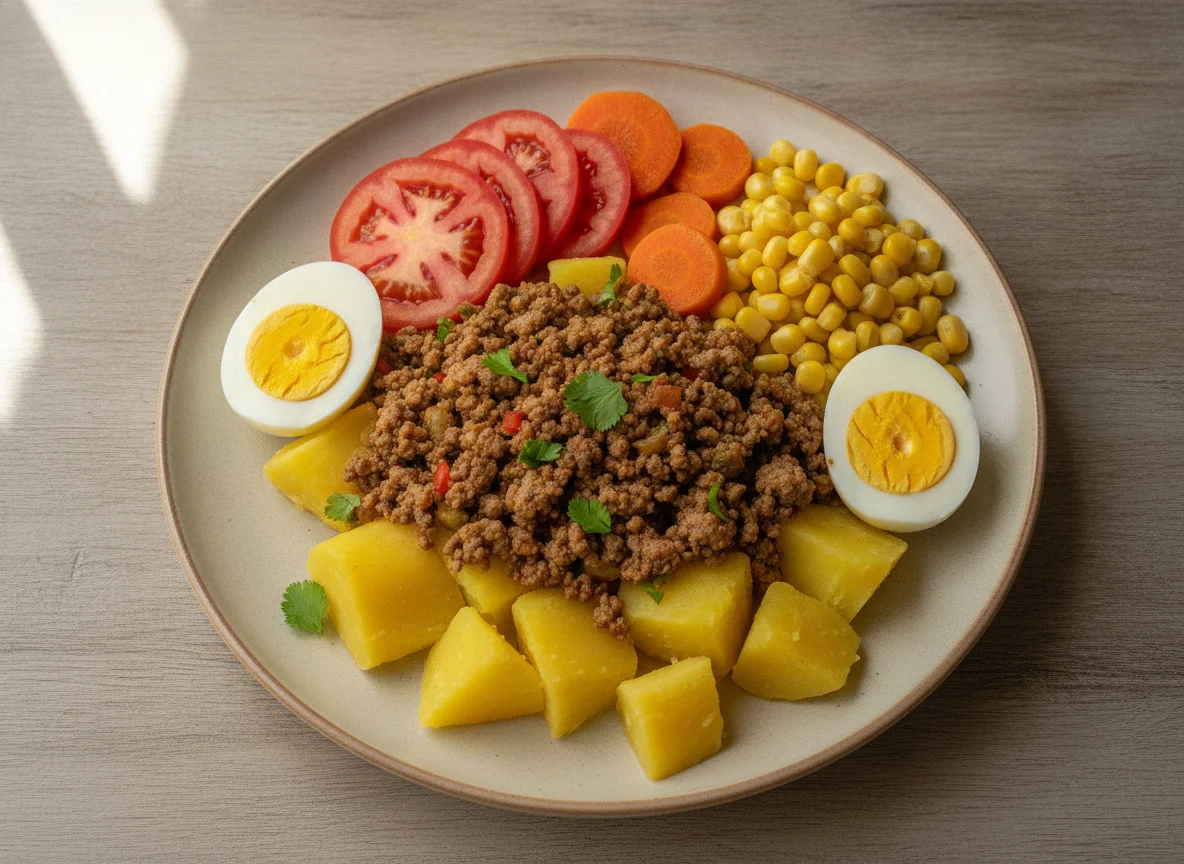 Mandioca cozida com carne moída, ovos e salada photo