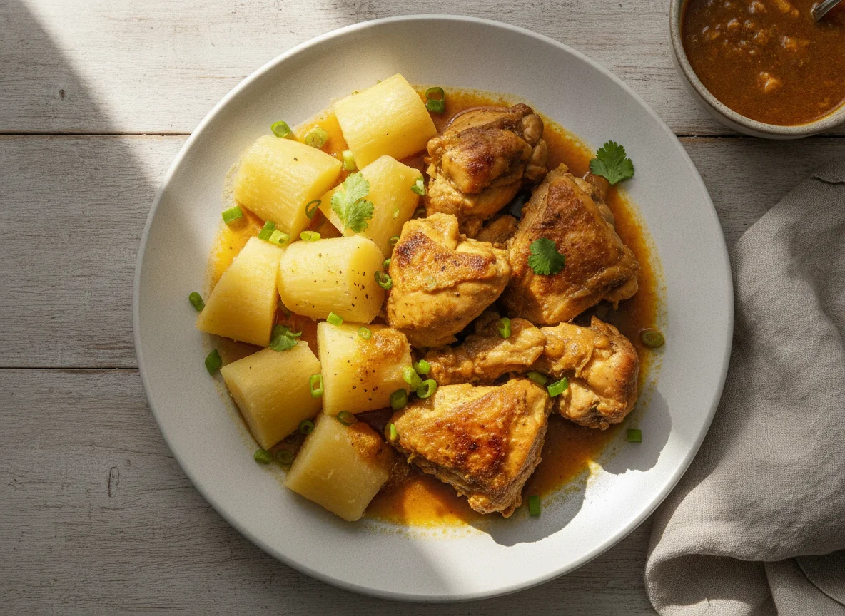 Mandioca cozida com frango photo