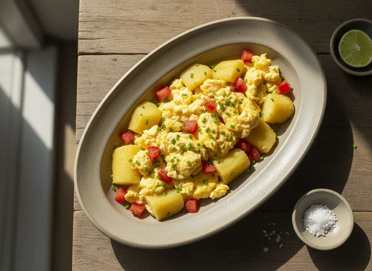 Mandioca cozida com ovos mexidos photo