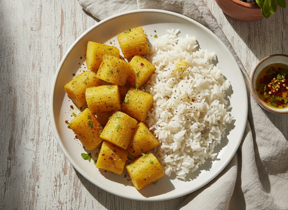 Mandioca cozida com tempero e arroz photo