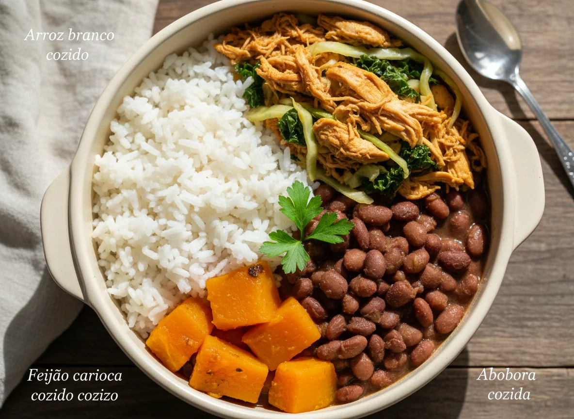 Marmita brasileira com arroz, feijão, abóbora e frango desfiado photo