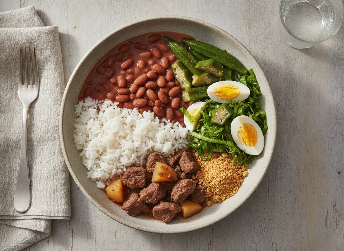 Marmita Brasileira com Arroz, Feijão, Carne e Legumes photo