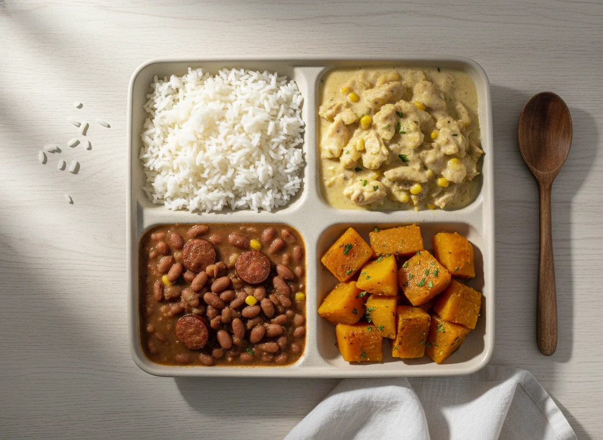 Marmita brasileira com arroz, feijão, frango cremoso e abóbora photo