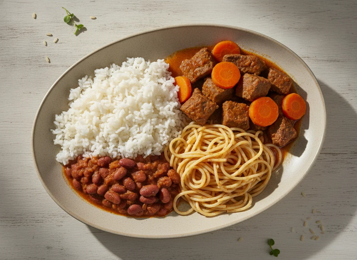 Marmita Brasileira com Arroz, Feijão, Macarrão e Carne com Cenoura photo