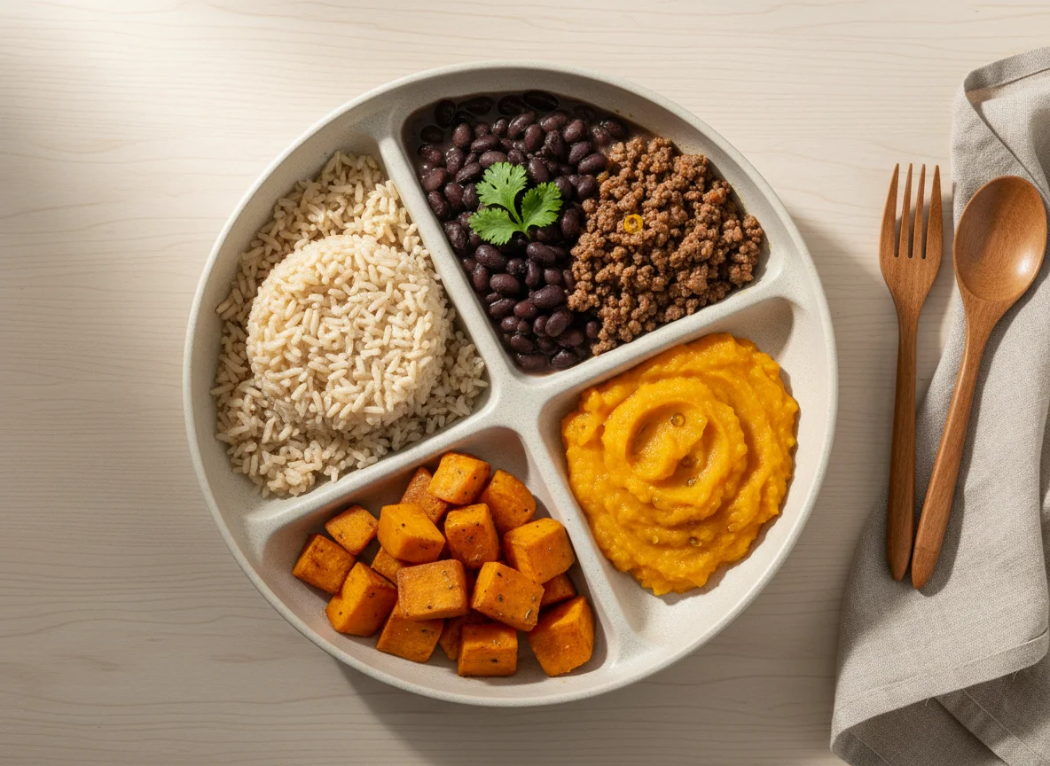 Marmita brasileira com arroz, feijão, purê de abóbora, carne moída e batata doce photo