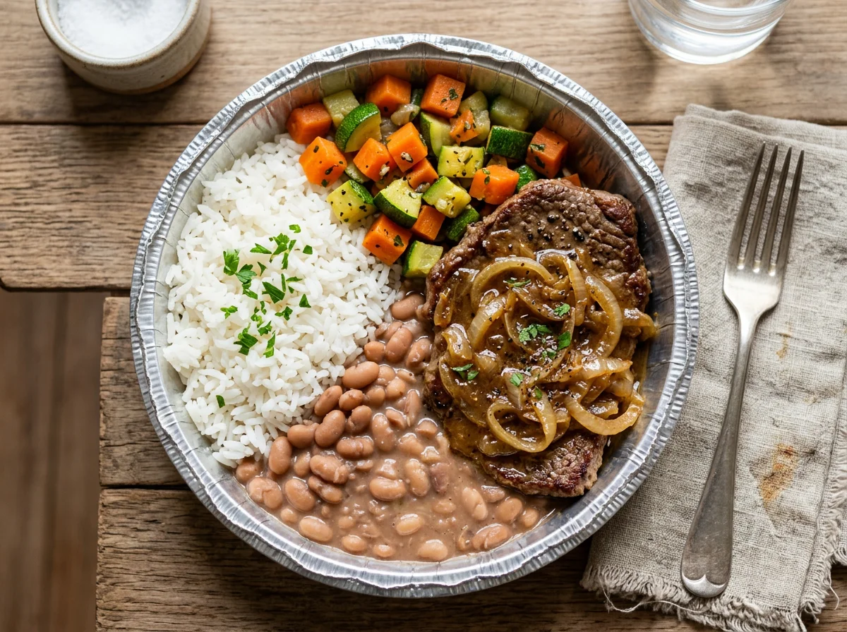 Marmita brasileira com bife acebolado, arroz, feijão e legumes photo