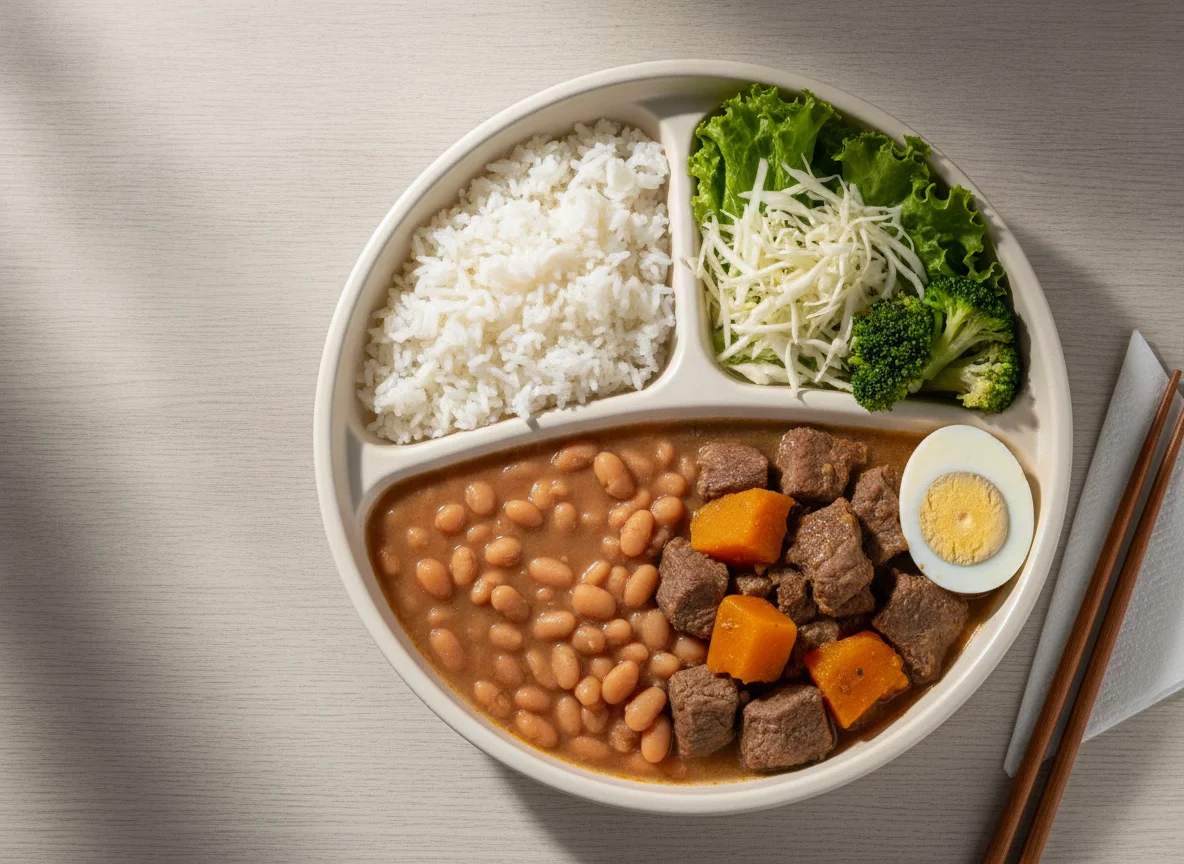Marmita Brasileira com Carne, Arroz, Feijão, Ovo e Salada photo