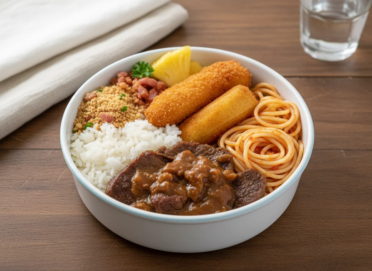 Marmita brasileira com carne assada e acompanhamentos photo