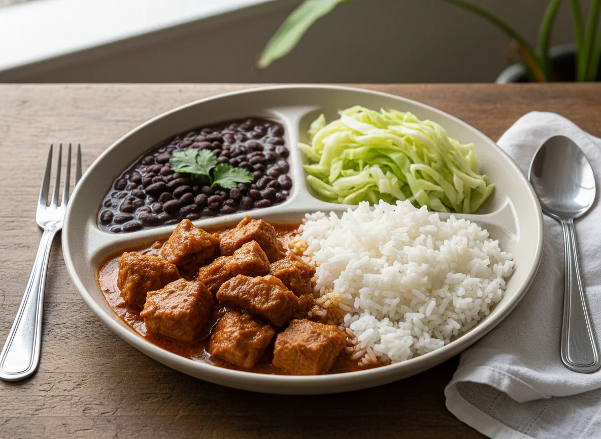 Marmita brasileira com carne de porco, feijão, arroz e repolho photo