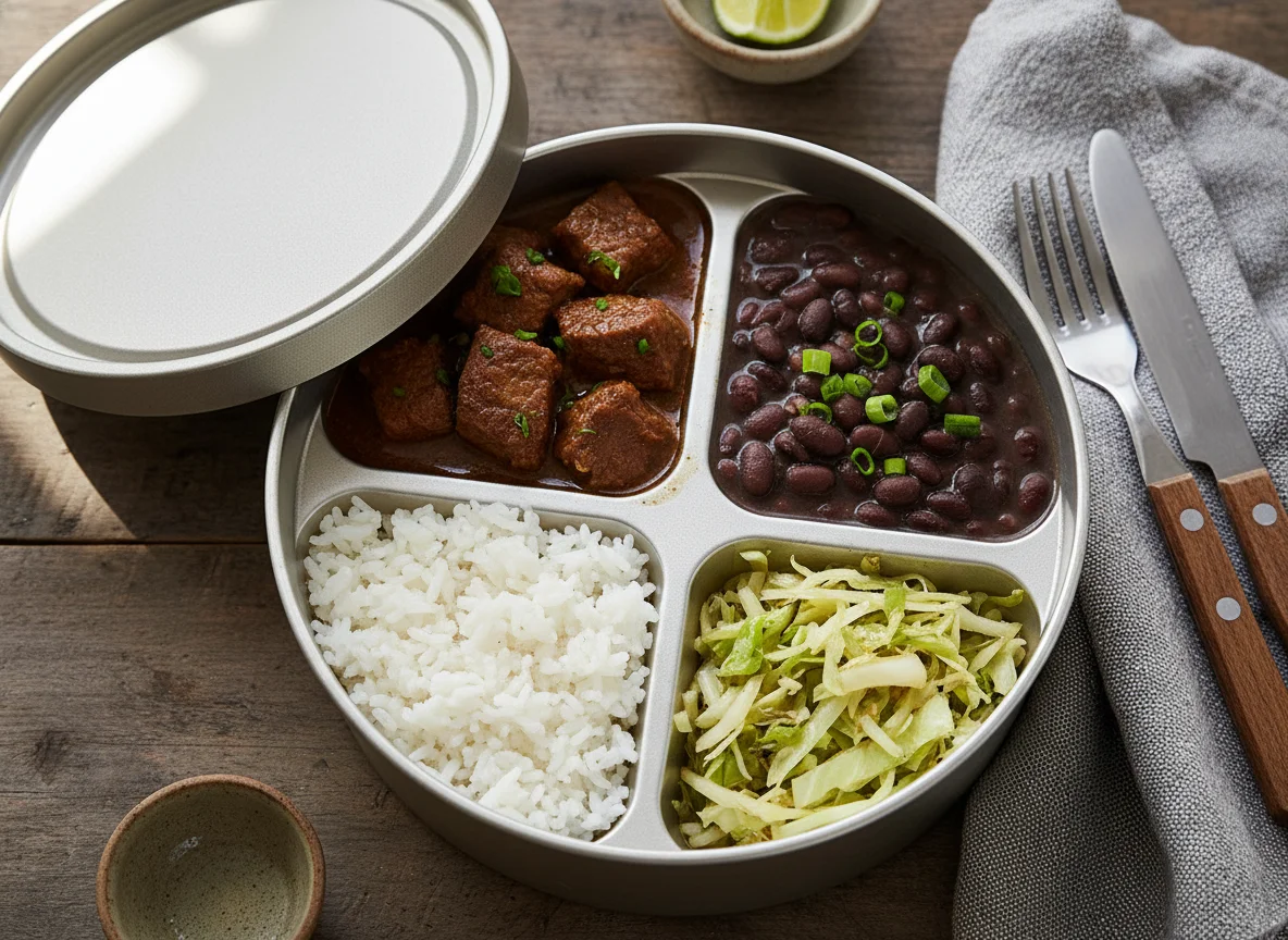 Marmita brasileira com carne, feijão, arroz e repolho photo