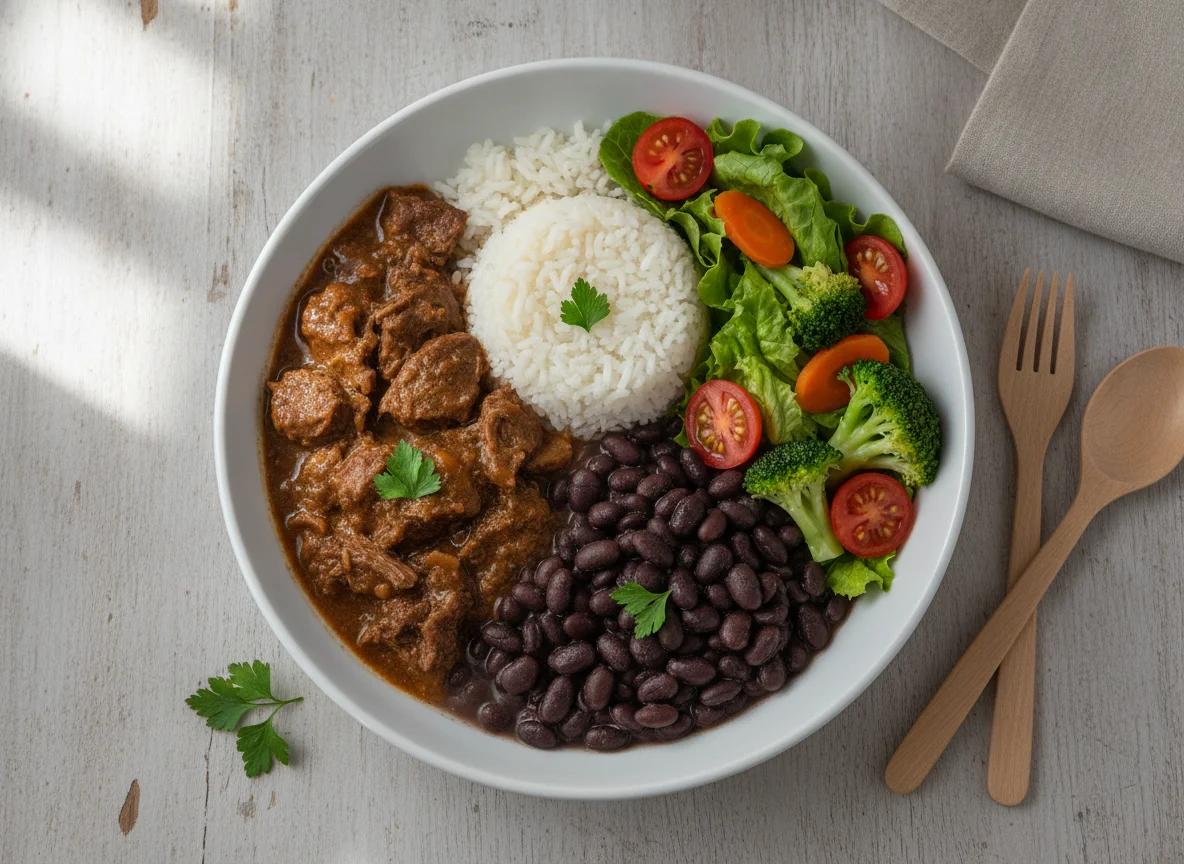 Marmita Brasileira com Carne, Feijão e Salada photo