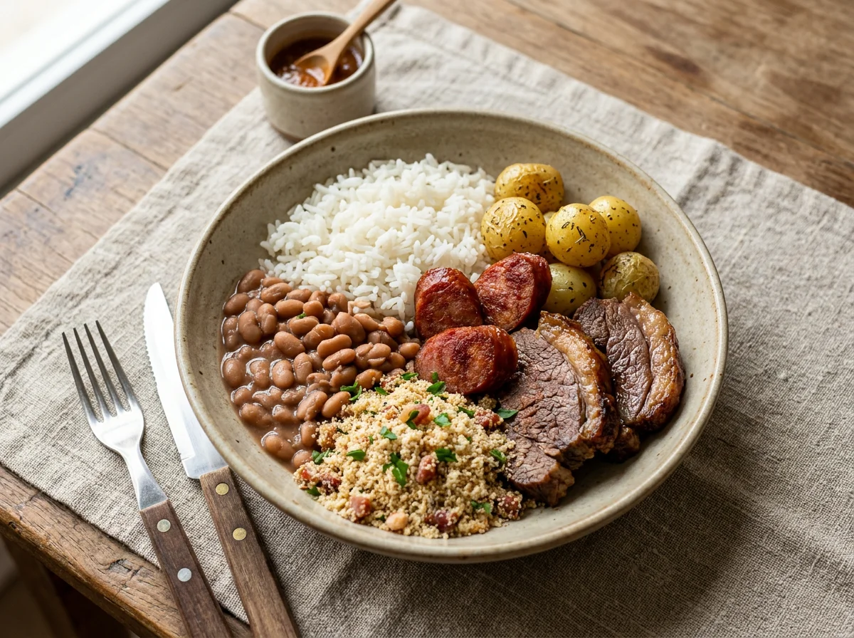 Marmita Brasileira com Carne, Linguiça, Arroz, Feijão e Farofa photo