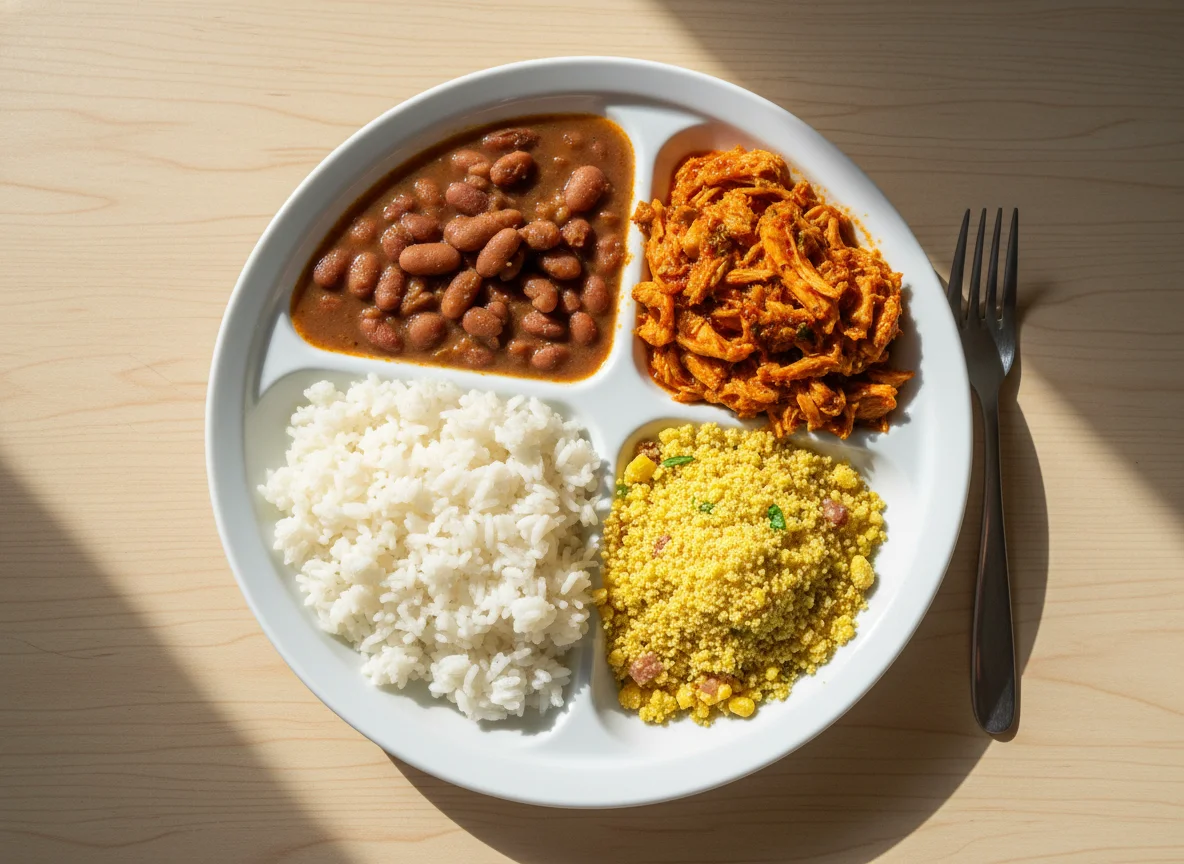Marmita brasileira com frango desfiado, arroz, feijão e farofa photo