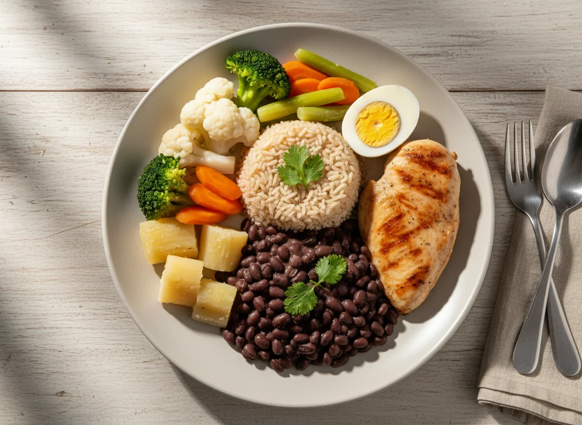 Marmita brasileira com frango, feijão, arroz, legumes e ovo photo