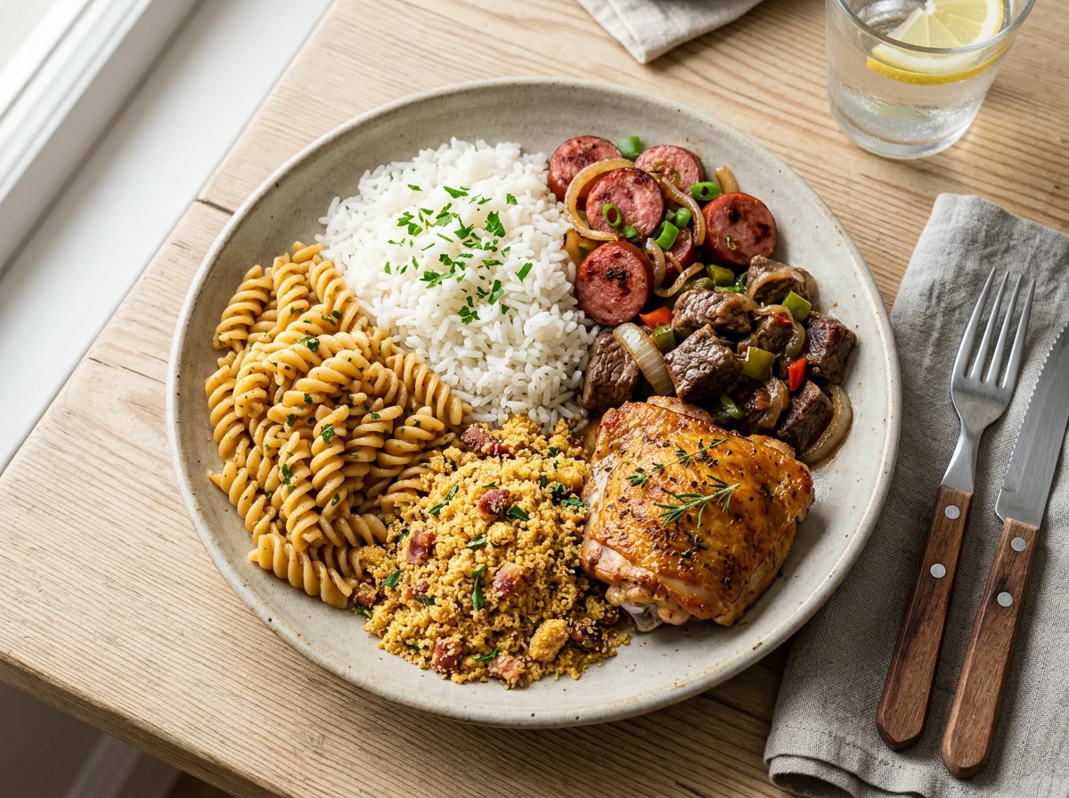 Marmita Brasileira com Macarrão, Arroz, Farofa e Carnes photo