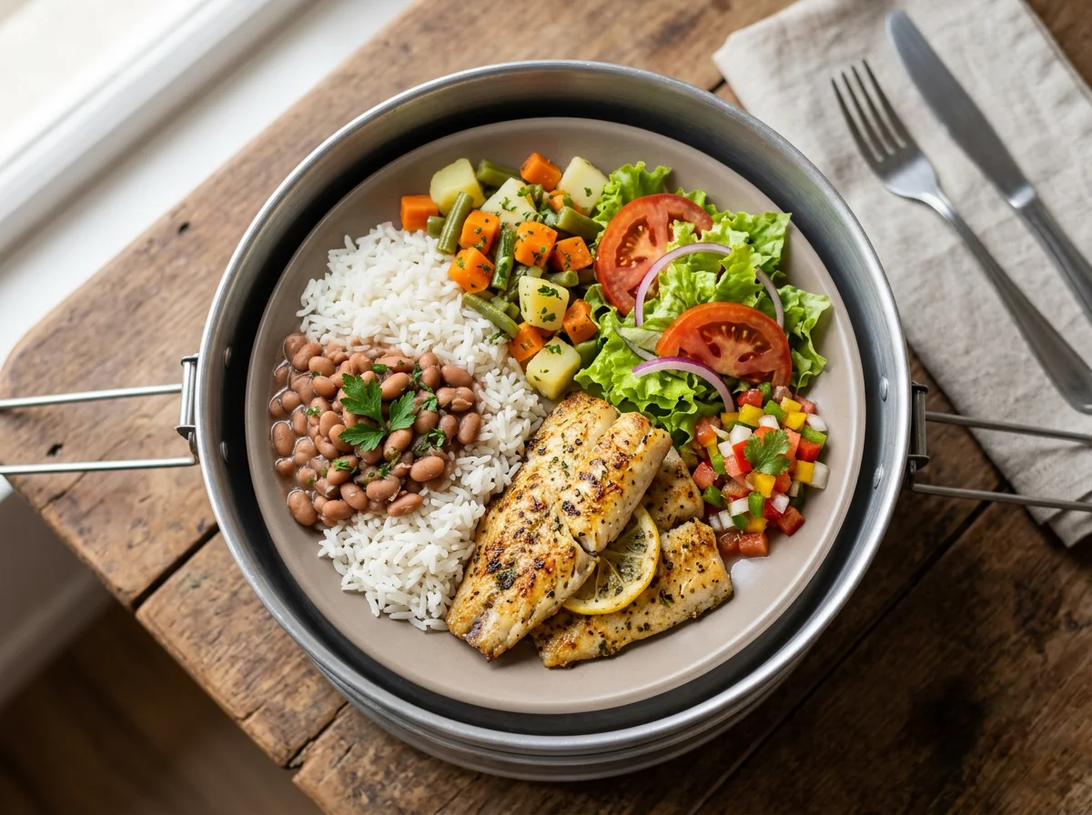 Marmita brasileira com peixe e acompanhamentos photo