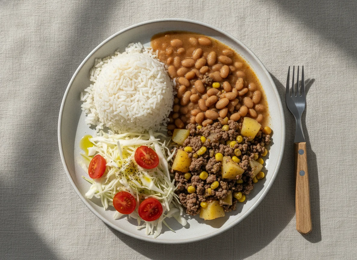 Marmita Brasileira de Carne Moída, Arroz, Feijão e Salada photo