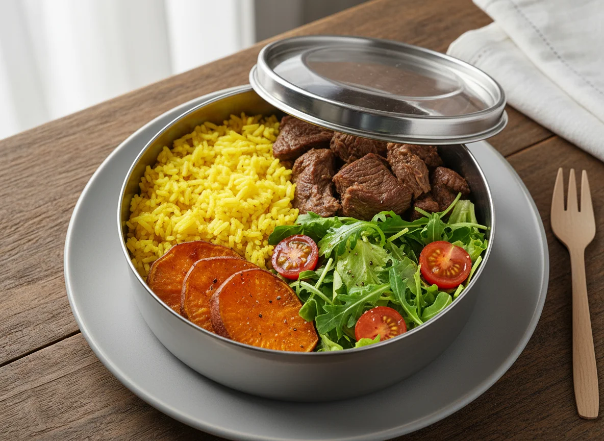 Marmita com arroz, batata doce, carne e salada photo