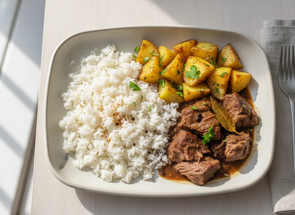 Marmita com arroz, batatas assadas e carne photo