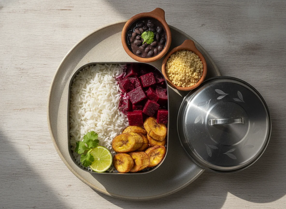 Marmita com arroz, beterraba e banana da terra photo