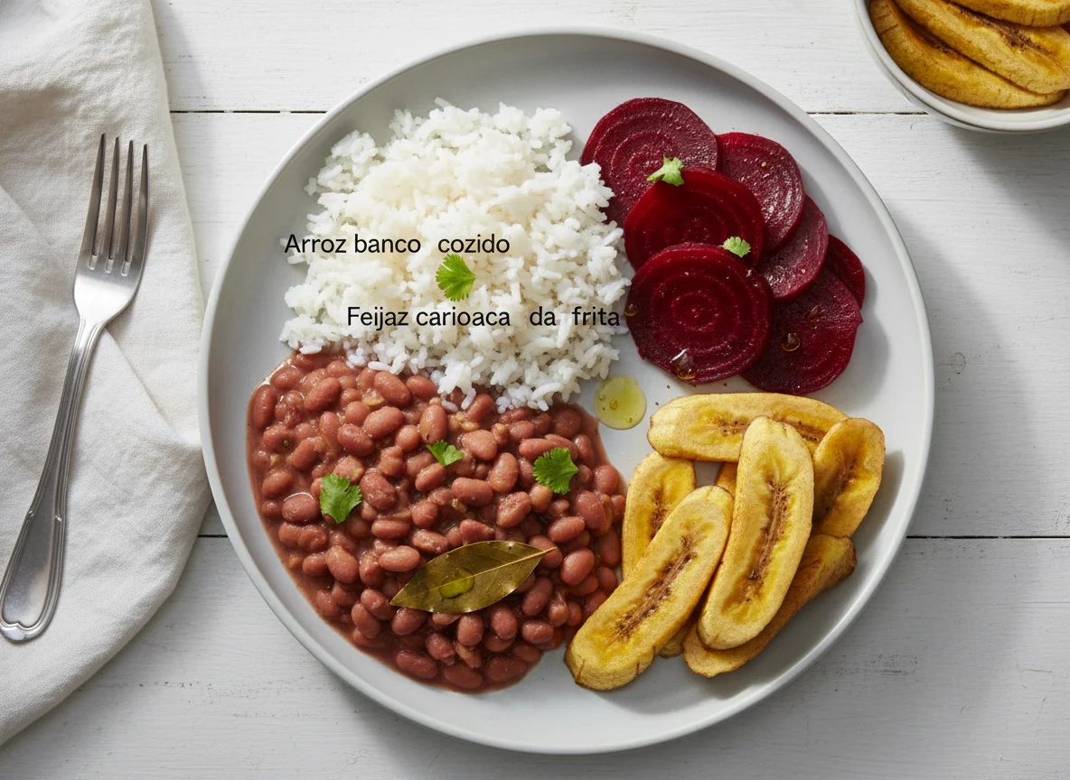 Marmita com Arroz, Beterraba, Feijão e Banana da Terra Frita photo