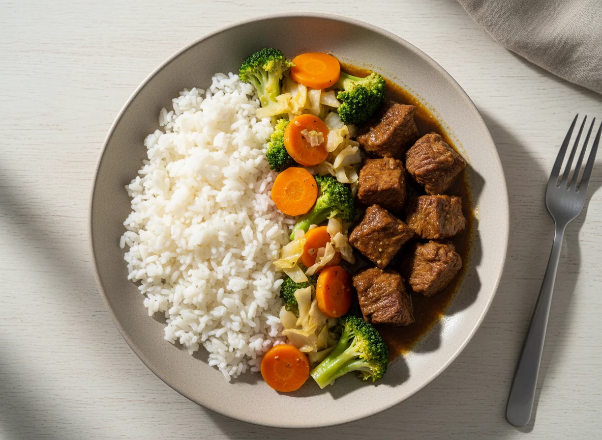 Marmita com arroz, carne e legumes salteados photo