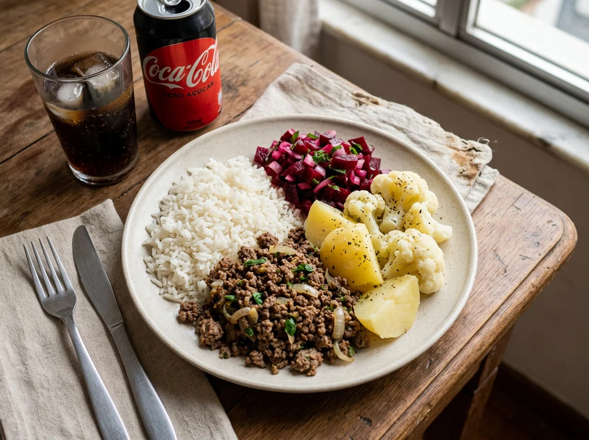Marmita com arroz, carne moída, batata e couve-flor photo