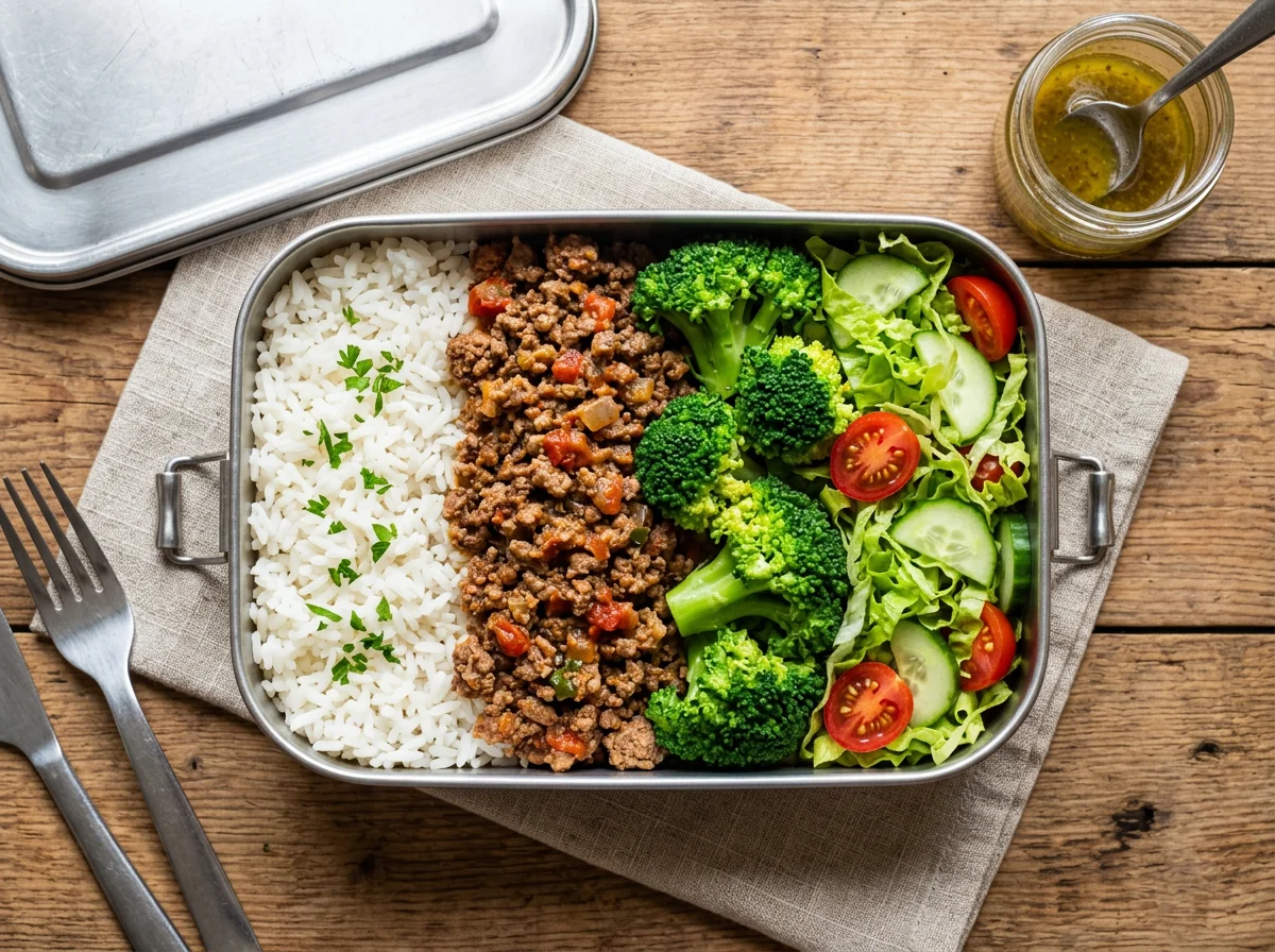 Marmita com arroz, carne moída, brócolis e salada photo