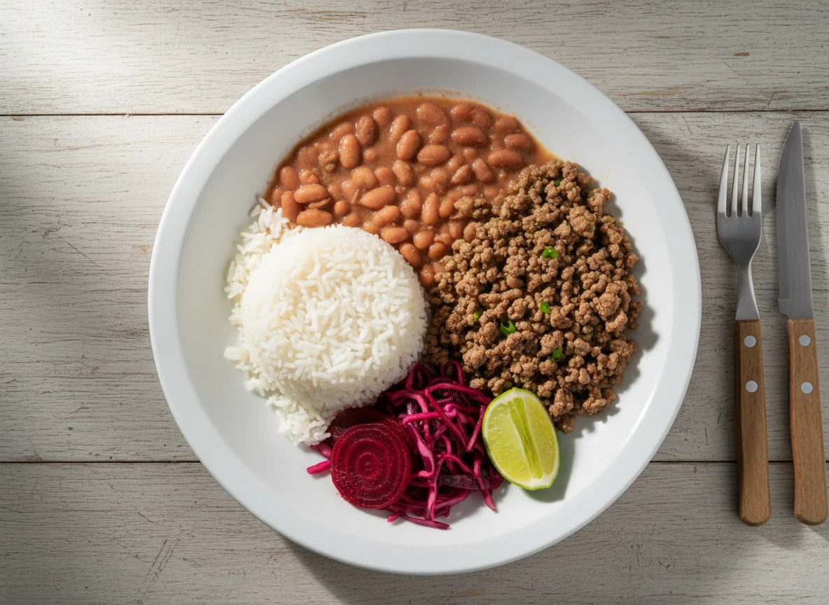 Marmita com arroz, carne moída e salada photo