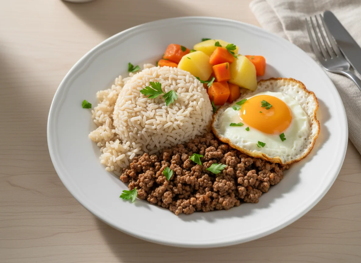 Marmita com arroz, carne moída, ovos e legumes photo
