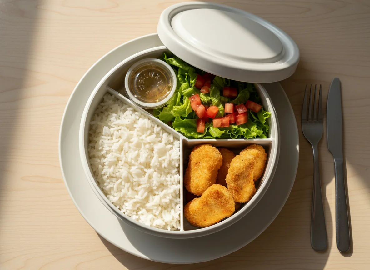 Marmita com arroz, empanados e salada photo