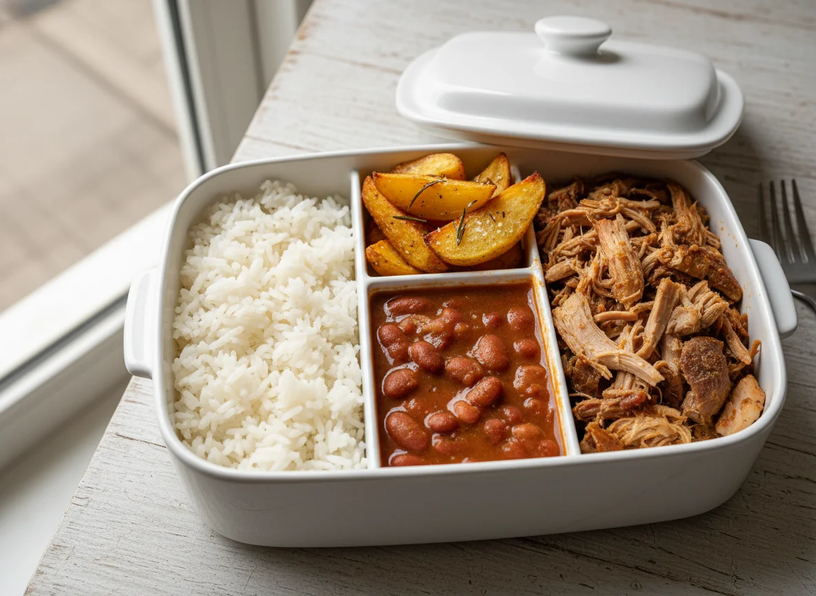 Marmita com arroz, feijão, batata assada e carne desfiada photo