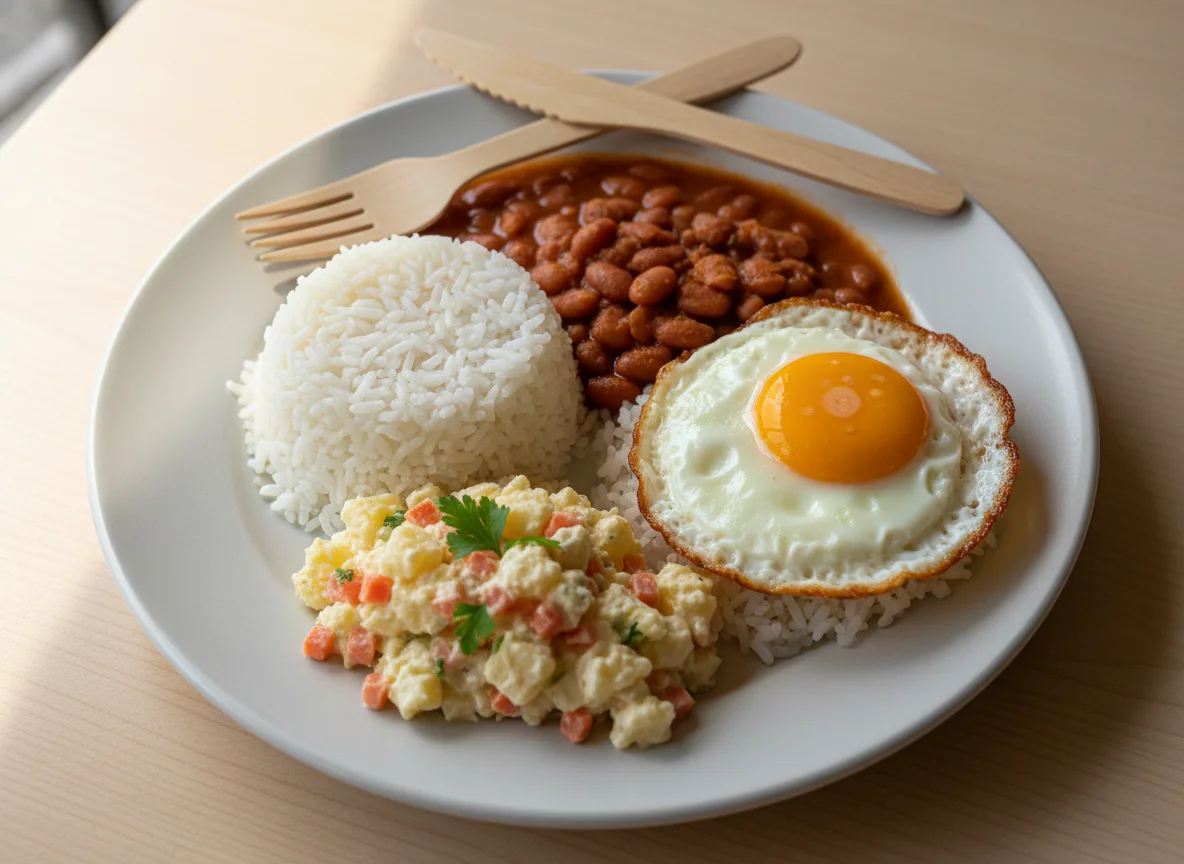 Marmita com Arroz, Feijão, Batata e Ovo Frito photo