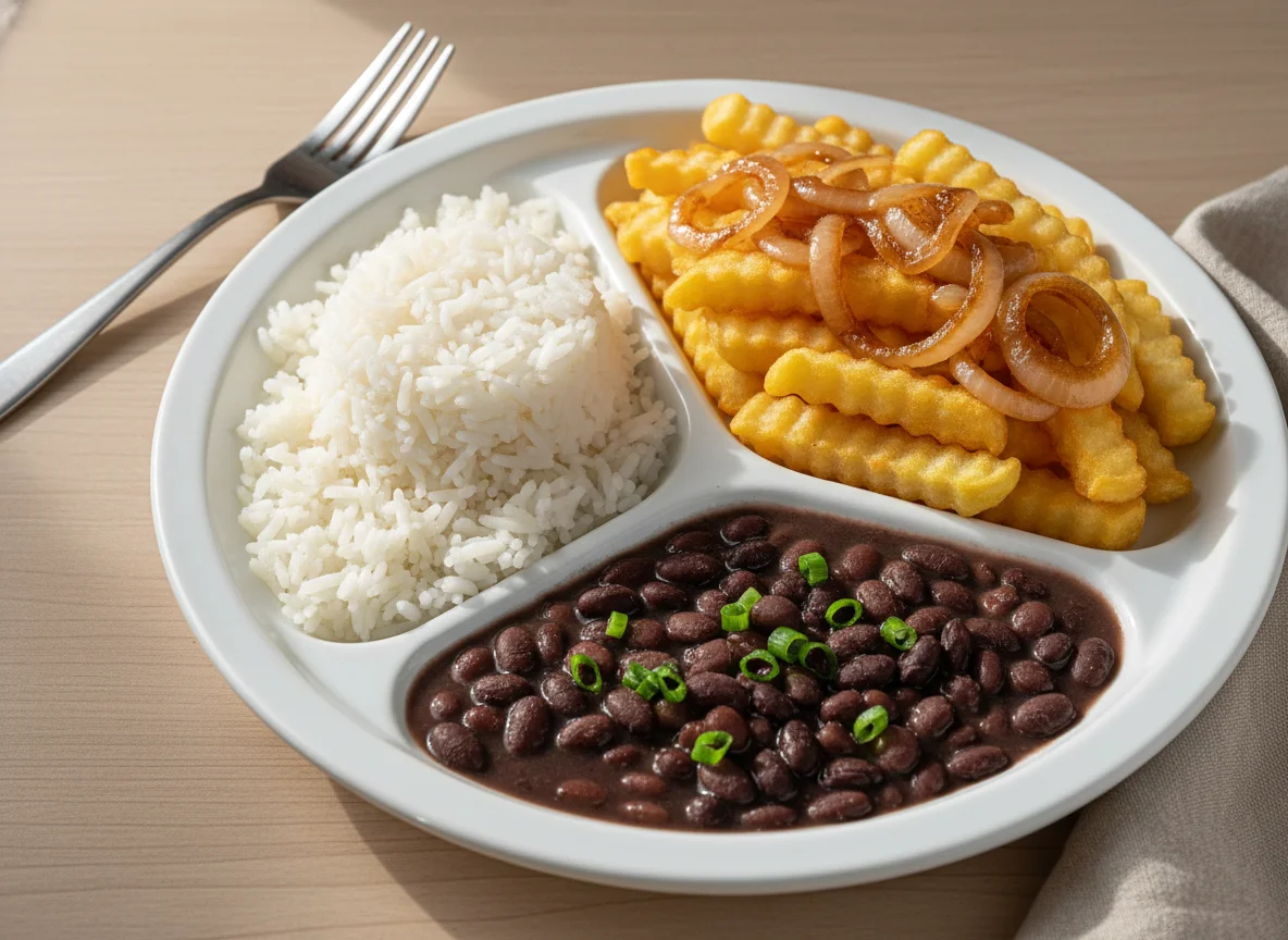 Marmita com arroz, feijão, batata frita e cebola caramelizada photo
