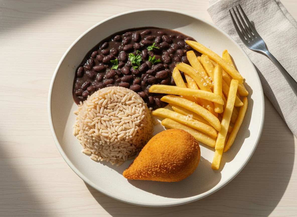 Marmita com arroz, feijão, batata frita e salgado empanado photo