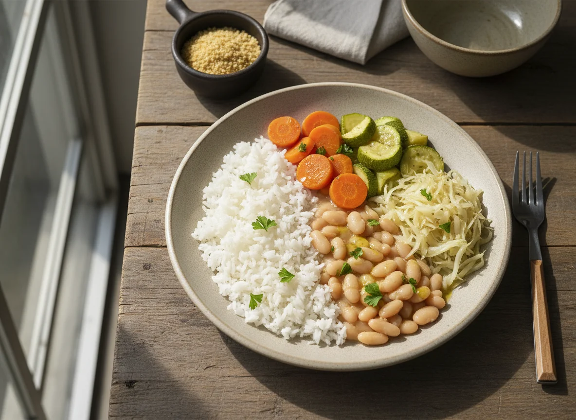 Marmita com arroz, feijão branco e legumes photo