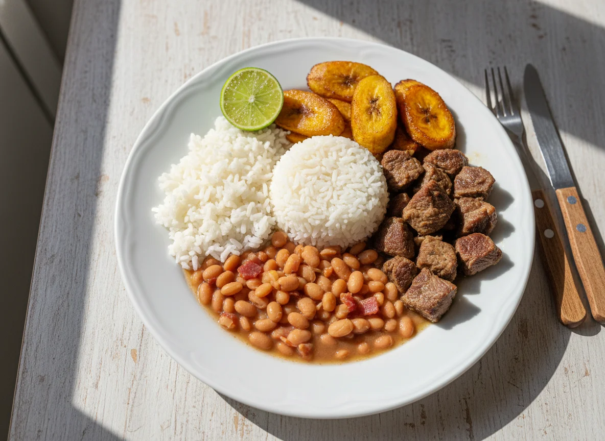 Marmita com arroz, feijão, carne e banana da terra photo