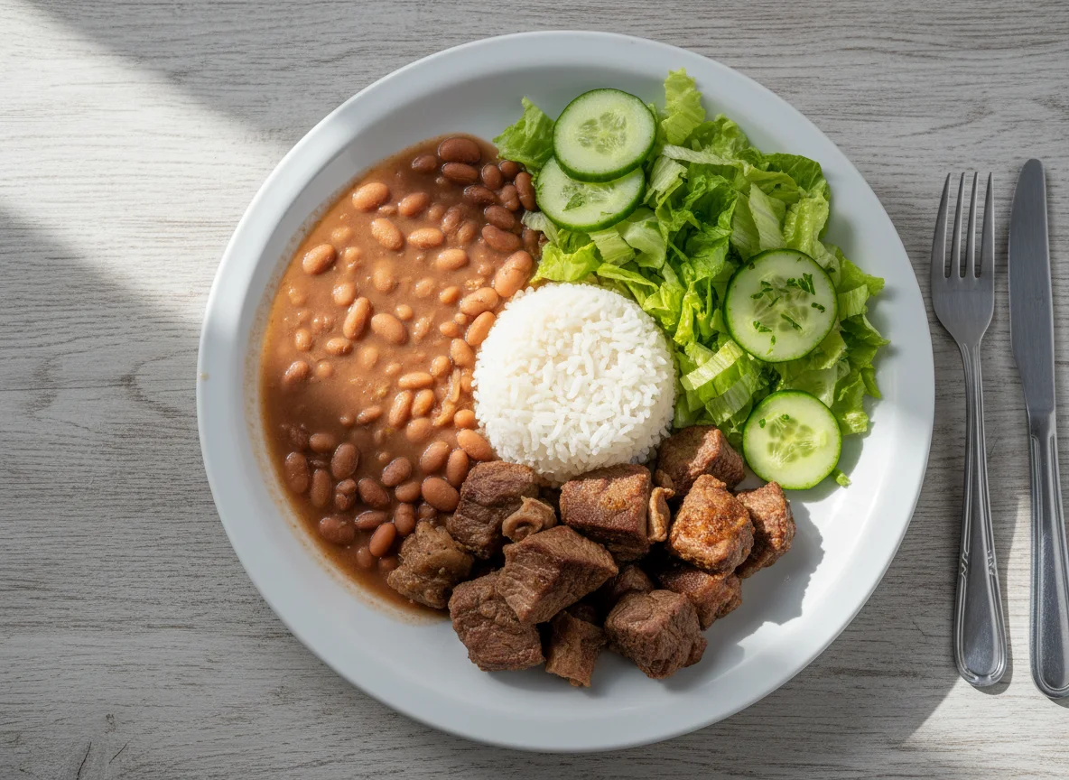 Marmita com arroz, feijão, carne e salada photo
