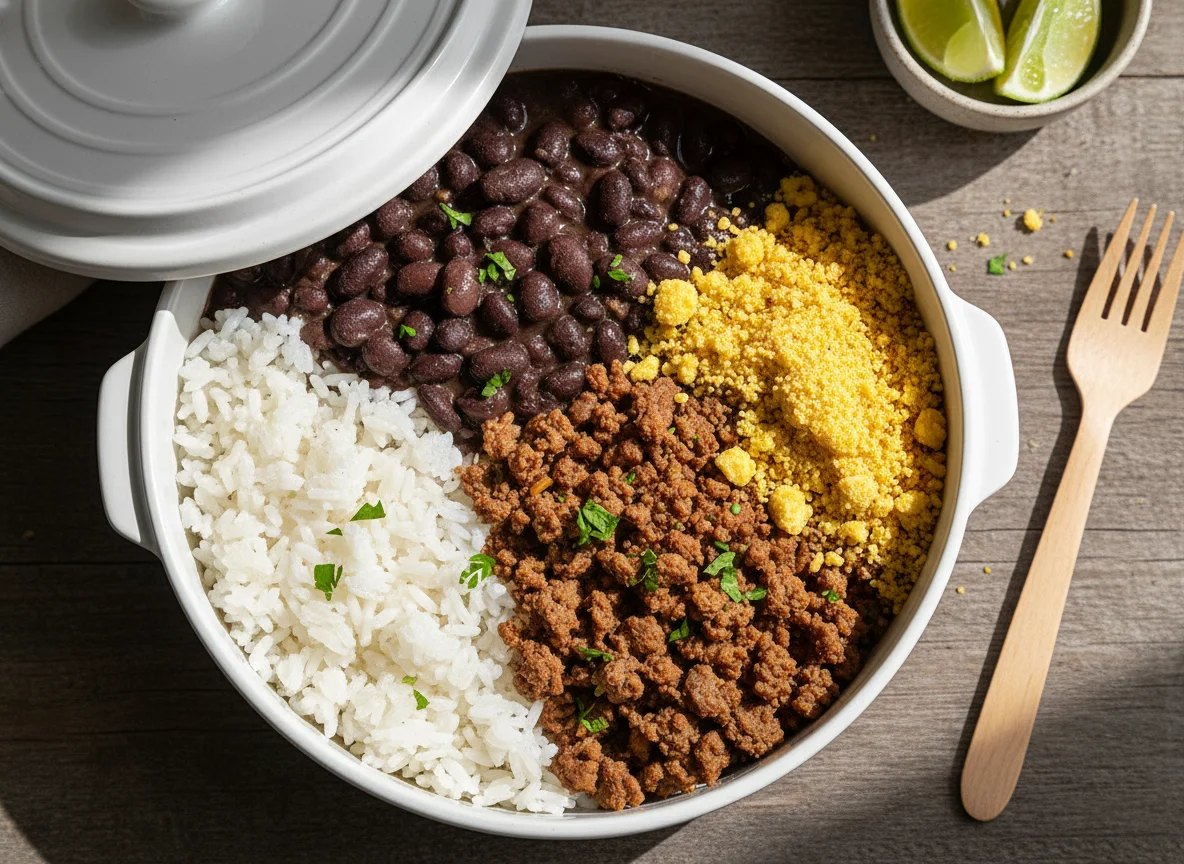 Marmita com arroz, feijão, carne moída e farofa photo