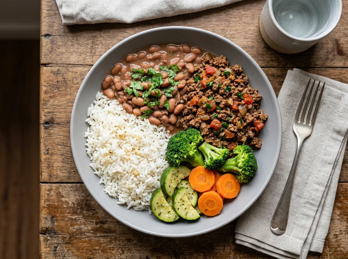 Marmita com arroz, feijão, carne moída e vegetais photo