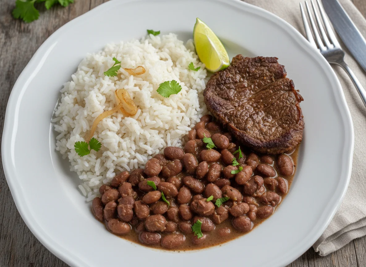 Marmita com arroz, feijão e carne photo