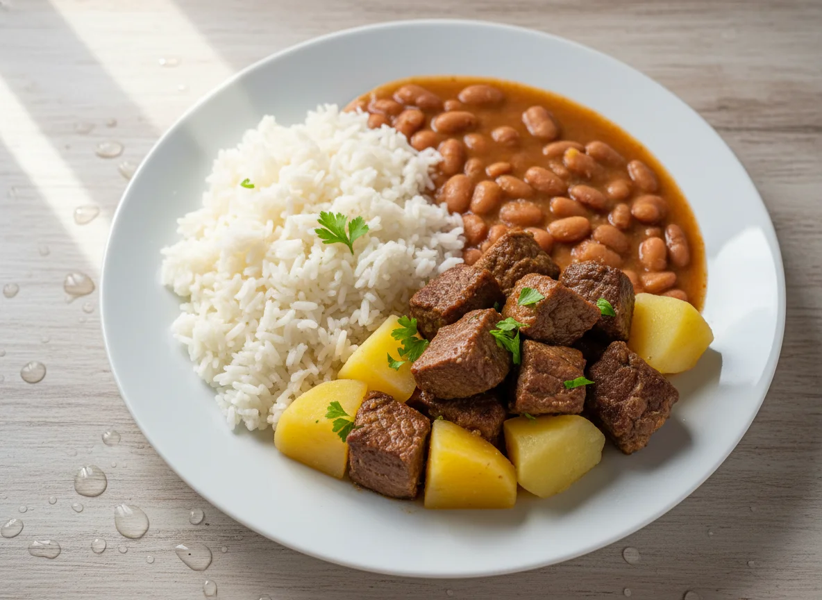 Marmita com arroz, feijão e carne com batatas photo