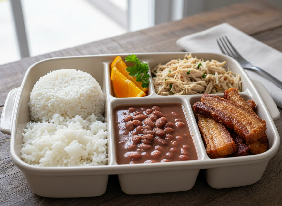 Marmita com arroz, feijão, frango desfiado e barriga de porco photo